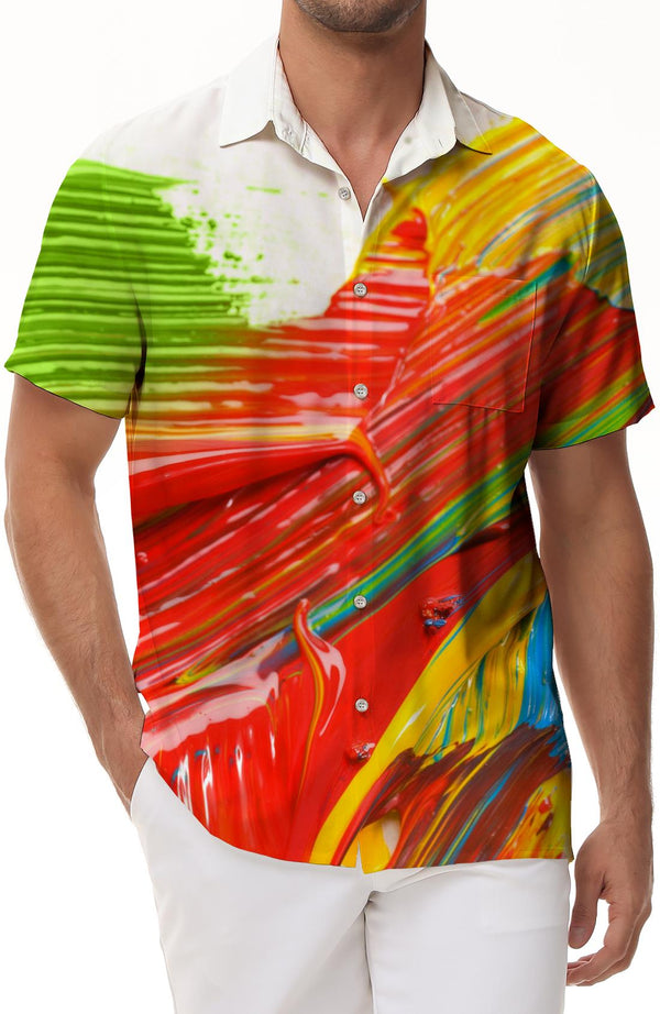 Paint color abstract art style men's daily travel shirt button lapel casual beach top short sleeve