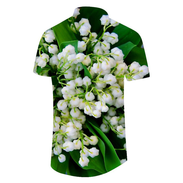 
Lily of the valley green leaves men's casual loose shirt summer short sleeve Hawaii four seasons tropical button lapel pocket beach clothes
                