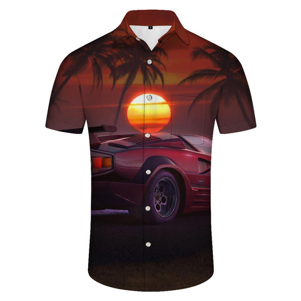 
Red sports car seaside coconut tree sunset view Hawaiian button tropical lapel summer men's casual loose daily street outdoor
                