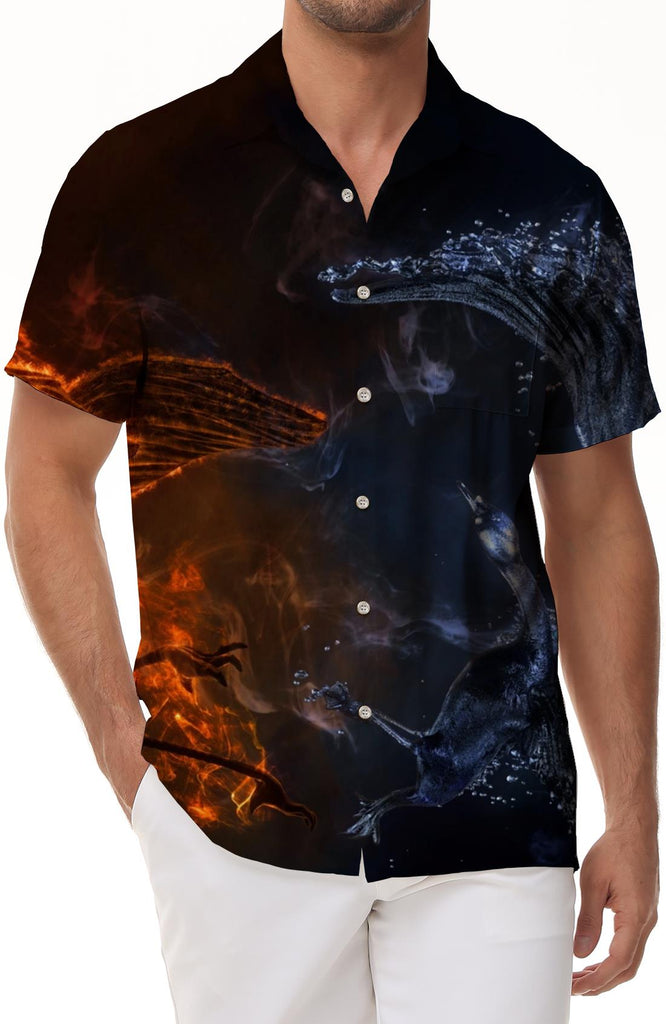 Men's Red and Blue Firebird Hawaiian Shirt Summer Beach Casual Short Sleeve Button Shirt