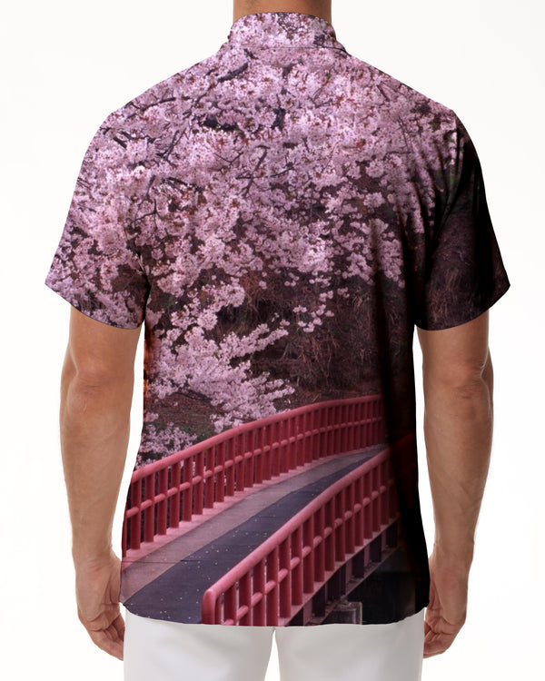 
Spring Red Bridge and Sakura Hawaiian Shirt Men's Short Sleeve Casual Summer Beach Shirt
                