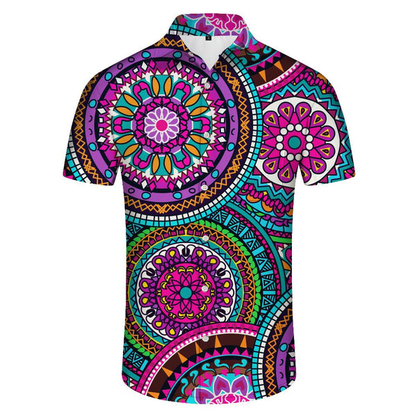 
Blue and purple mandala retro pattern geometric fashionable Hawaiian holiday beach seaside short-sleeved men's casual button shirt
                