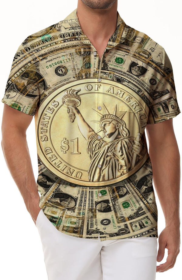 Coin American Men's Short Sleeve Shirt Outdoor Travel Fishing Button Fashion Hawaiian Short Sleeve Shirt Digital Printing
