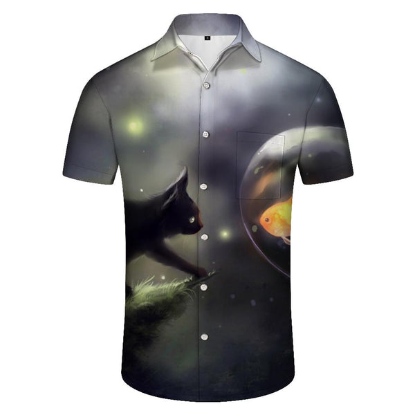 
Black cat and goldfish casual men's Hawaiian shirt short sleeve button shirt top suitable for casual beach vacation travel
                