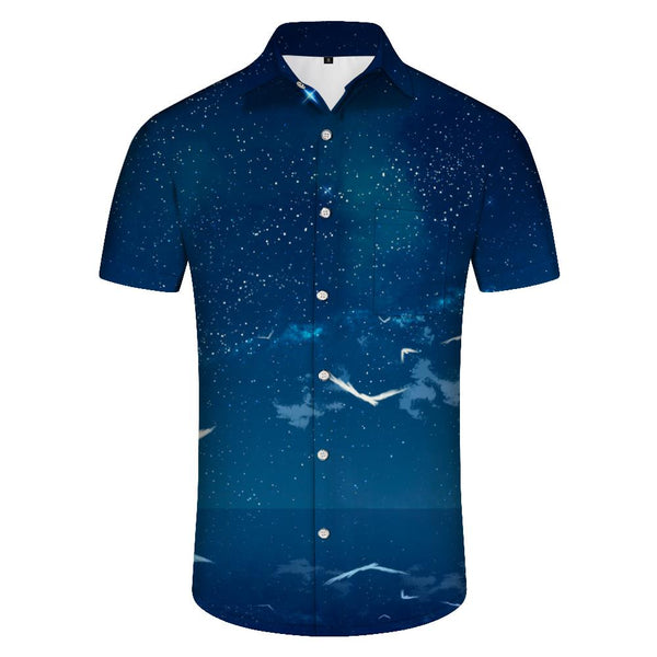 
Blue Landscape Starry Sky Men's Casual Hawaiian Shirt Lapel Button Pocket Short Sleeve Shirt
                