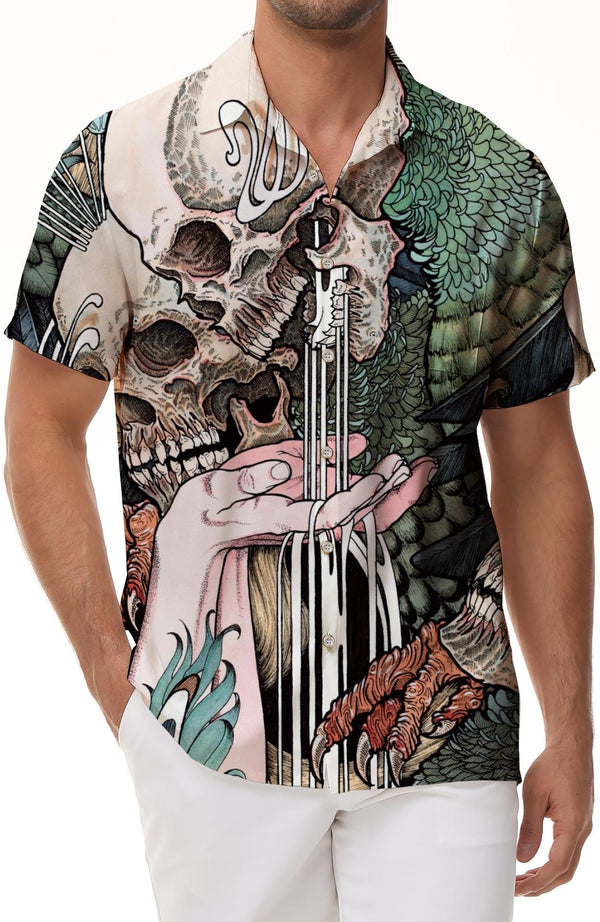 Retro Skull Pattern Cool Casual Short Sleeves Abstract Personalized Skull 3D Printing Lapel Button Short Sleeves Men's