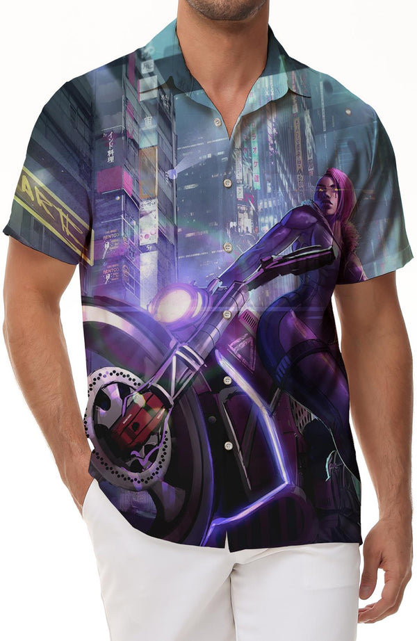 Sexy Beauty Motorcycle Men's Floral Print Short Sleeve Shirt Casual Lapel Button Beach Summer Shirt Short Sleeve