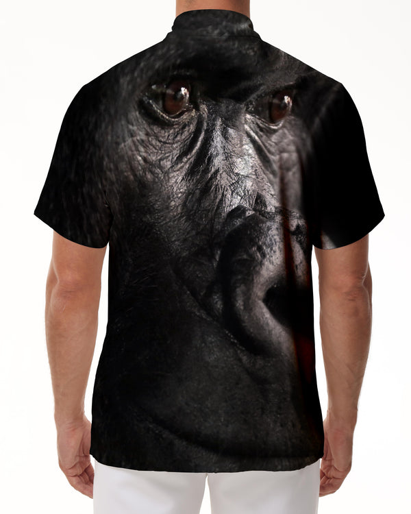 
Upright walking animal orangutan tropical men travel galaxy Hawaiian button lapel pocket ocean beach short sleeve shirt polyester
                