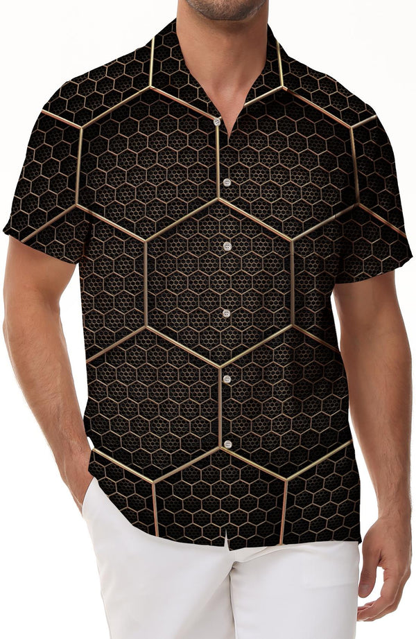 Football Black Loose Mens Casual Hawaiian Button Lapel Geometric Shirt Short Sleeve Beachwear 3d Digital Printed Pattern