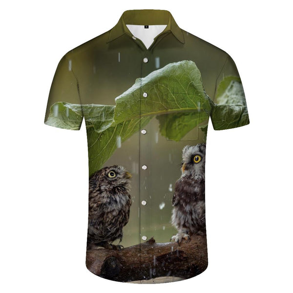 
Two Owls Hiding from Rain on Tree Branches Fun Fashion Men's Casual Printed Summer Hawaiian Lapel Button Shirt Short Sleeve Style
                