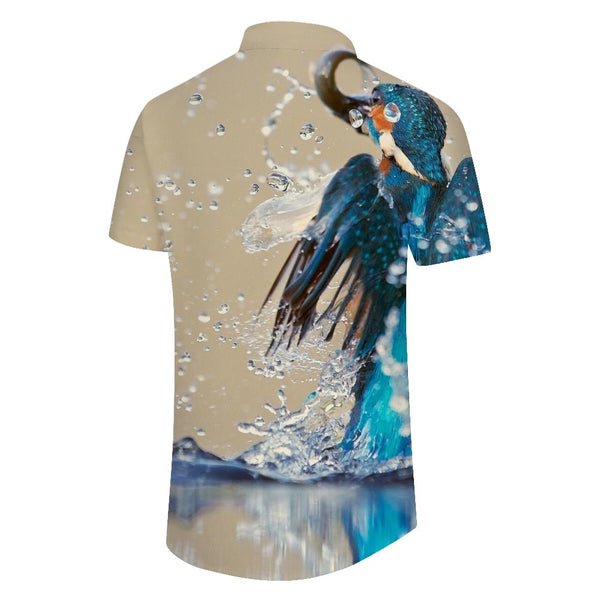 
Blue cute water kingfisher bird men's casual loose short sleeve button shirt casual Hawaiian shirt comfortable
                