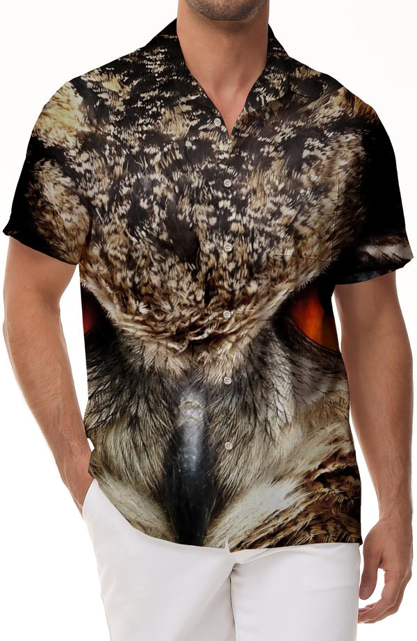 Owl Eyes Printed Casual Short Sleeve Summer Beach Shirt Tops Mens Hawaiian Shirt Button-Down