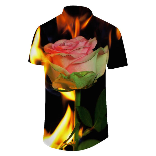 
Rose pink flame men's 3D digital printing street casual fashion summer versatile lapel casual short-sleeved shirt men's
                