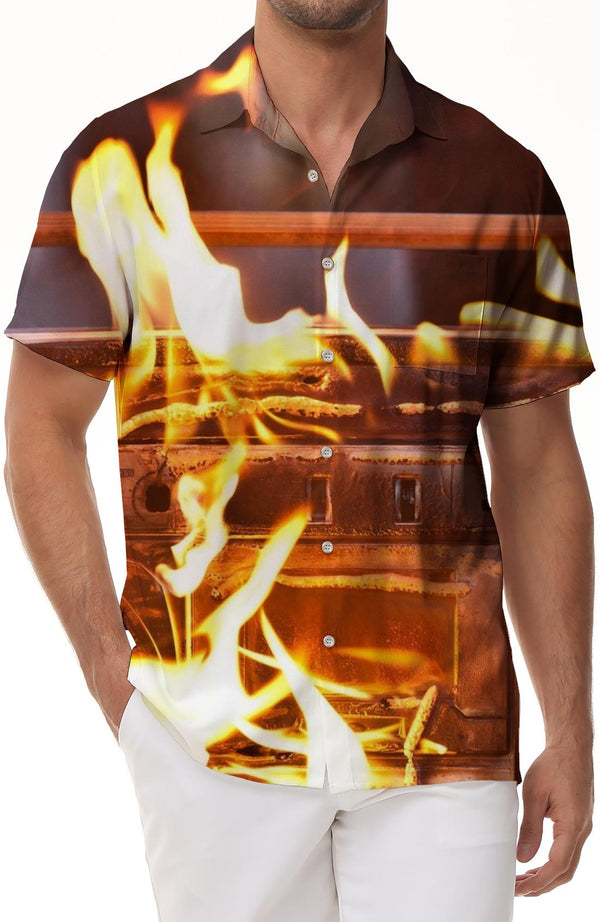 Charcoal Grill Flame 3D Printed Men's Short Sleeve Button Shirt Hawaiian Beach Short Sleeve Shirt Seaside Party
