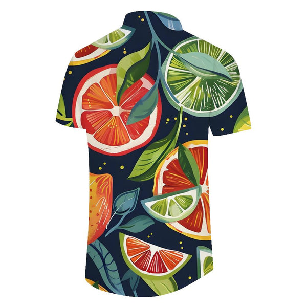 
Fruit lemon men's casual loose printed pattern Hawaiian button-down lapel seaside vacation short-sleeved shirt
                