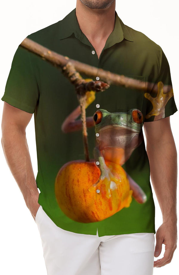 Frog on Apple Men's Short Sleeve Shirt Print Daily Simple Fashion Top with Pockets