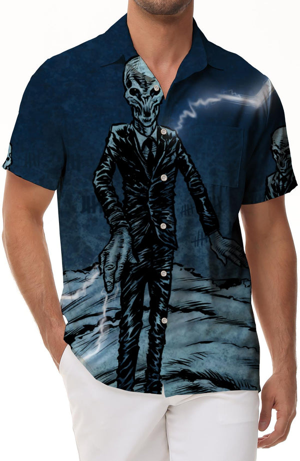 Funny alien print pattern Hawaiian cool retro style men's casual loose short sleeve shirt