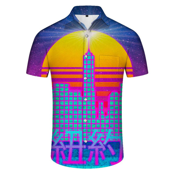 
New York retro geometric style shirt under the bustling moon short sleeve beach shirt button shirt men's Hawaiian shirt
                