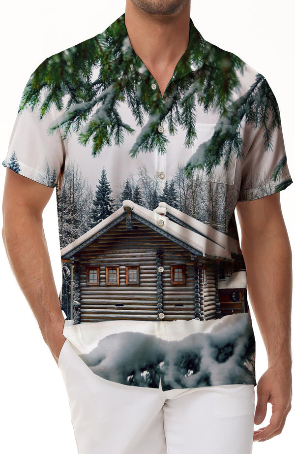 Winter warm little house 3d digital printing pattern men's casual loose vacation short-sleeved men's seaside beach party tops