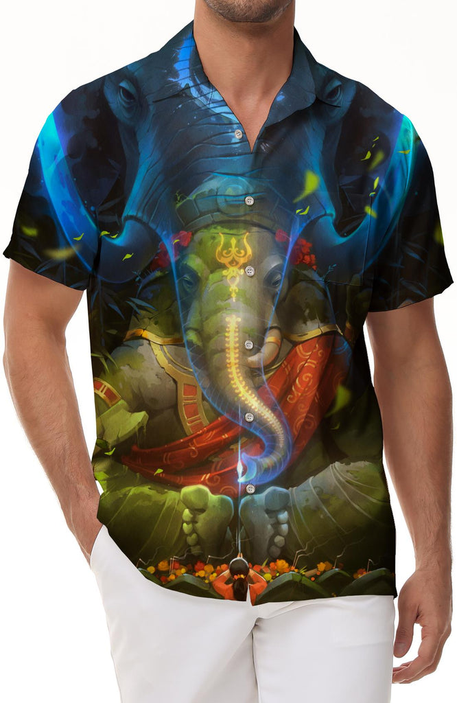 Elephant God Indian Psychedelic Hawaiian Summer Button Lapel Casual Loose Men's Button Short Sleeve Beach Shirt Vintage