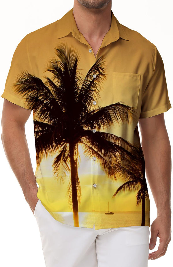 Coconut Tree Sunset Beach Print Mens Casual Regular Fit Fashion Tropical Beach Shirt Summer