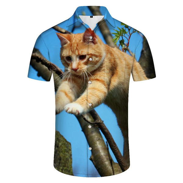 
Cute and cute kitten pattern print Hawaiian fun men's casual loose daily vacation travel tops
                