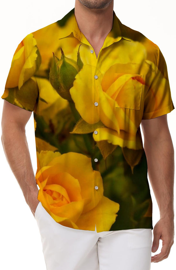 Mens Hawaiian Shirts Short Sleeve Button Down Shirt Graceful Yellow Rose Flower Hawaiian Shirt for Men Beach Shirts