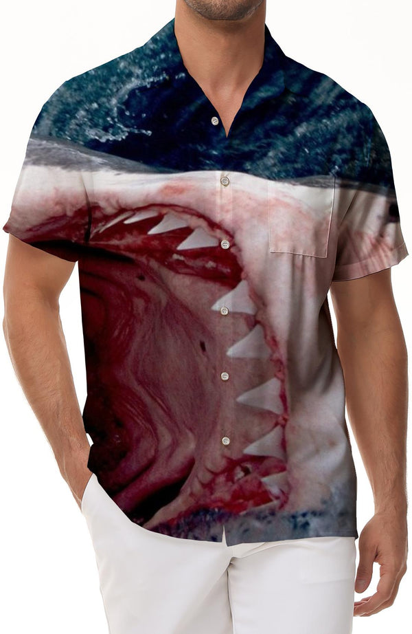 Black Sea Big Mouth Shark Hawaiian Shirt Men's Casual Beach Shirt Fashionable Short Sleeve Summer Tops Casual Wear