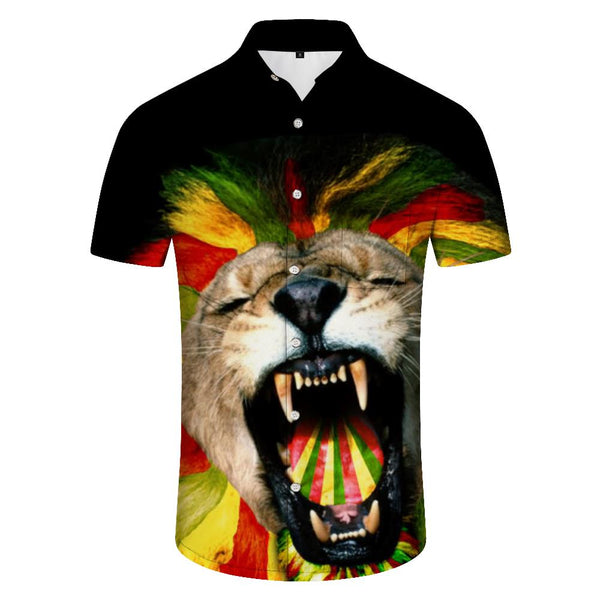 
Lion roar tiger roar style print black men's short-sleeved shirt four seasons Hawaii outdoor family party clothing
                