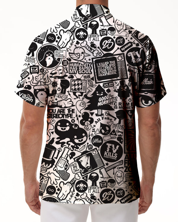 
Black and white art print pattern casual loose men's fashion button-down lapel summer vacation beach shirt short sleeves
                