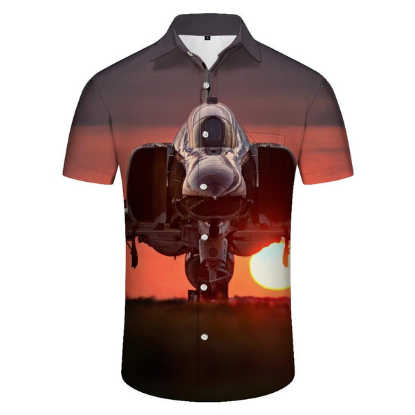 
Vintage Fighter Print Men's Chest Pocket Breathable Hawaiian Shirt Short Sleeve Flight
                