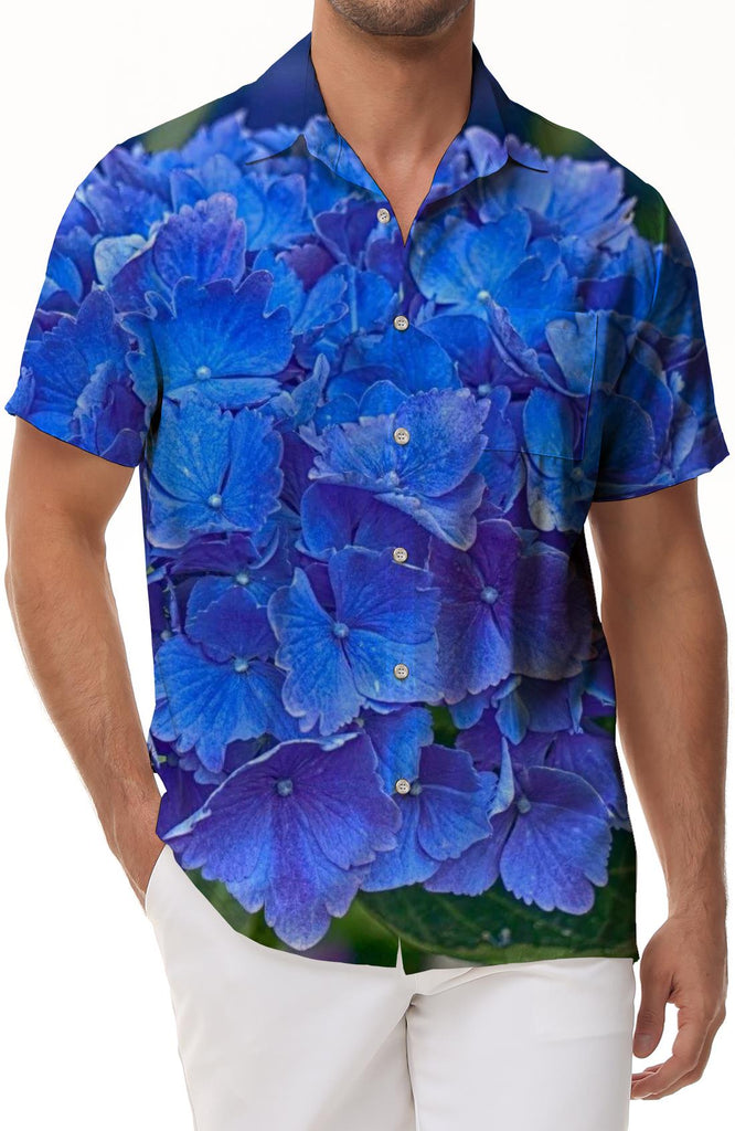 Blue Hydrangea Floral Men's Hawaiian Shirt Short Sleeve Summer Shirt Beach Classic Shirt Print Casual Regular Fit