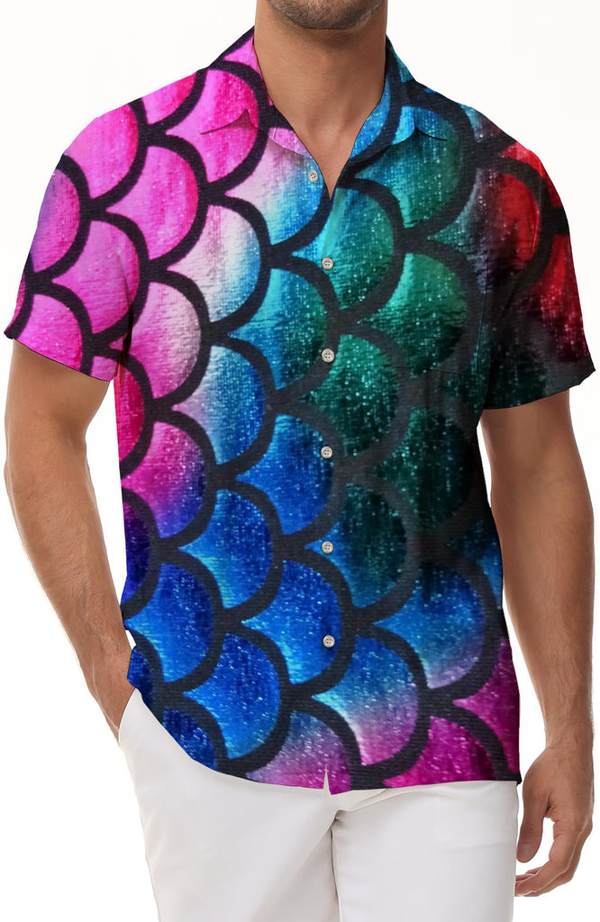 Colorful fish scale fashion men's casual loose short sleeve cool fun tropical Hawaiian lapel button shirt