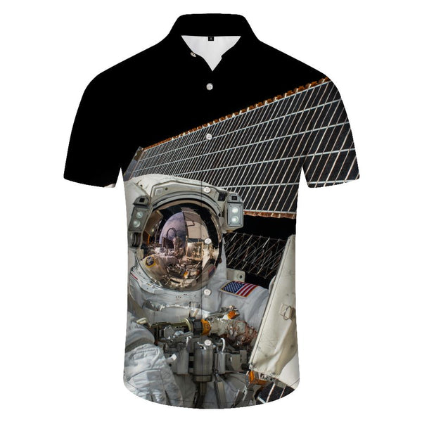 
Cool and stylish space astronaut earth moon fashion men's casual button lapel tropical four seasons Hawaii seaside beach short-sleeved shirt beachwear
                