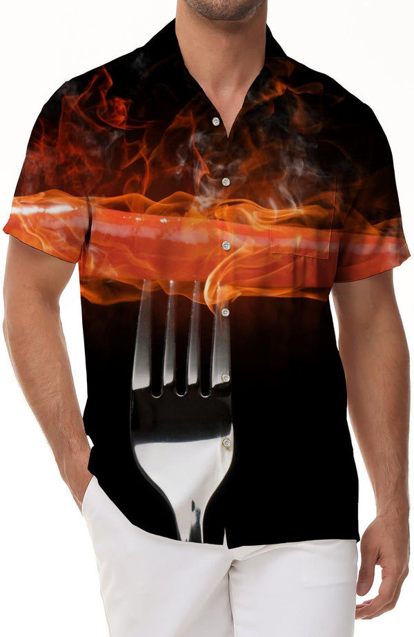Black grilled sausage food shirt Hawaiian shirt casual short-sleeved button men's simple daily casual style