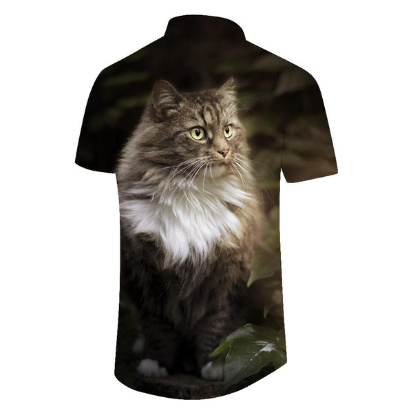 
Forest longhair cat animal casual men's loose button-down lapel tropical Hawaiian style short sleeve
                