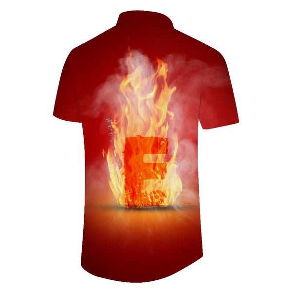 
High temperature burning E flame English letters daily street short-sleeved shirt men's loose short-sleeved casual button-down lapel pocket Hawaiian button short-sleeved shirt top
                