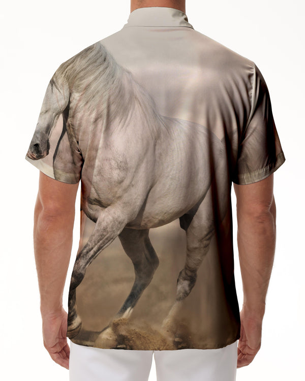 
Running elegant white horse beach summer short-sleeved men's casual shirt print pattern beach dinner
                