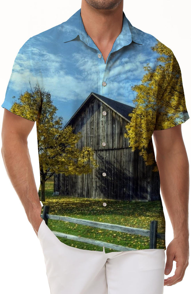 Fall Country Hawaiian Vintage Shirt Mens Button Down Short Sleeve Shirt for Casual and Vacation Wear