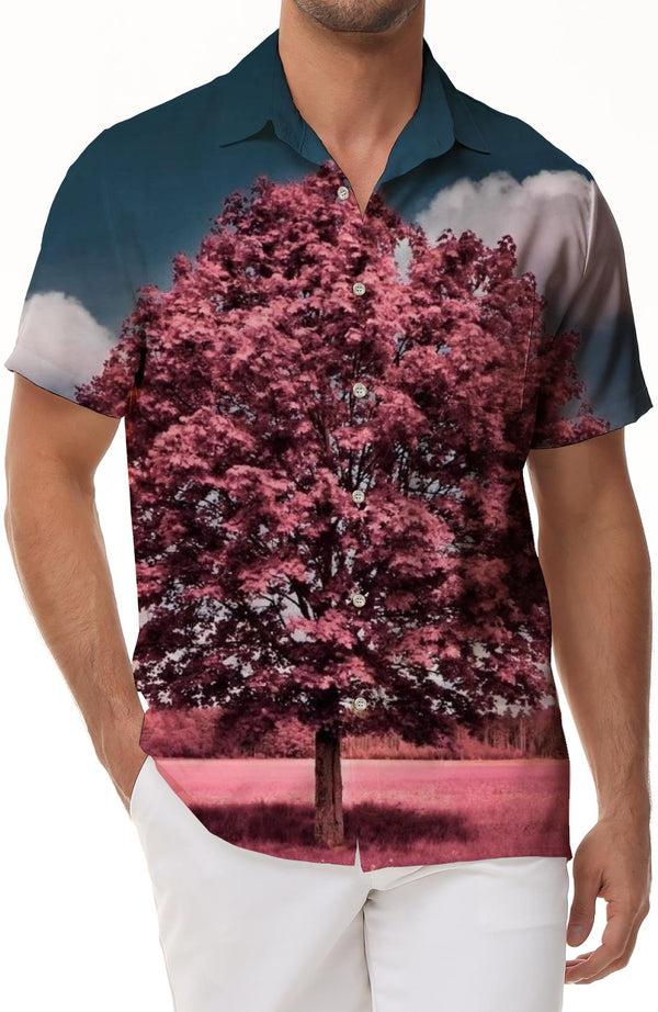 Fairy tale pink trees cool men's casual loose short-sleeved shirt Hawaiian Haikou lapel button-down short-sleeved shirt trees