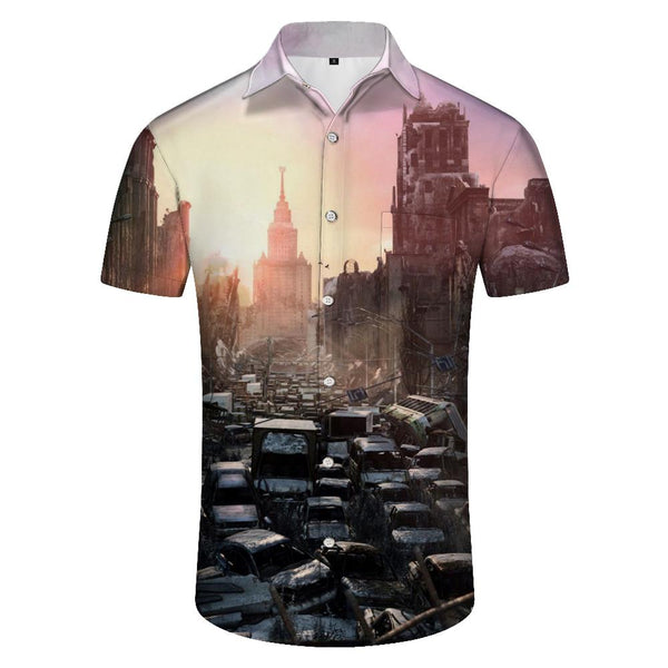
Earthquake destroyed city fashion retro style short sleeve shirt men's daily street walking Hawaiian short sleeve shirt casual tops
                