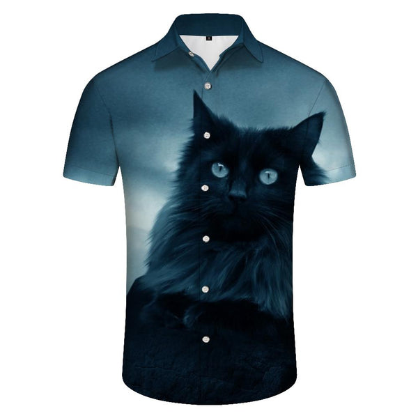 
Domineering black cat Hawaiian button-down lapel 3d digital printing button-down Hawaiian shirt men's short sleeve beach party
                