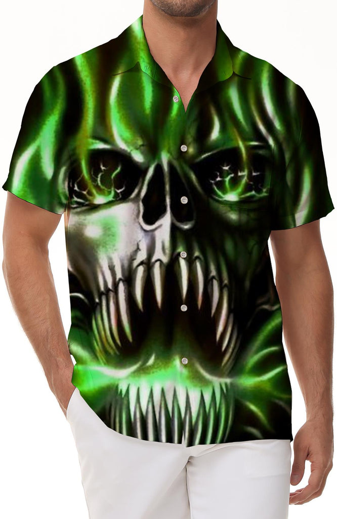 Green loose outdoor fishing men's Hawaiian shirt skull print casual short sleeves retro collar beach