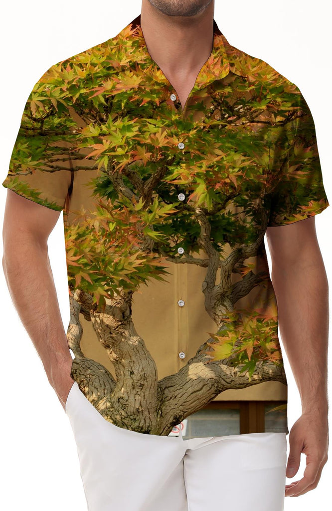 Maple tree print Hawaiian button-down lapel pockets fashion retro style men's casual loose short-sleeved shirt 3d digital print