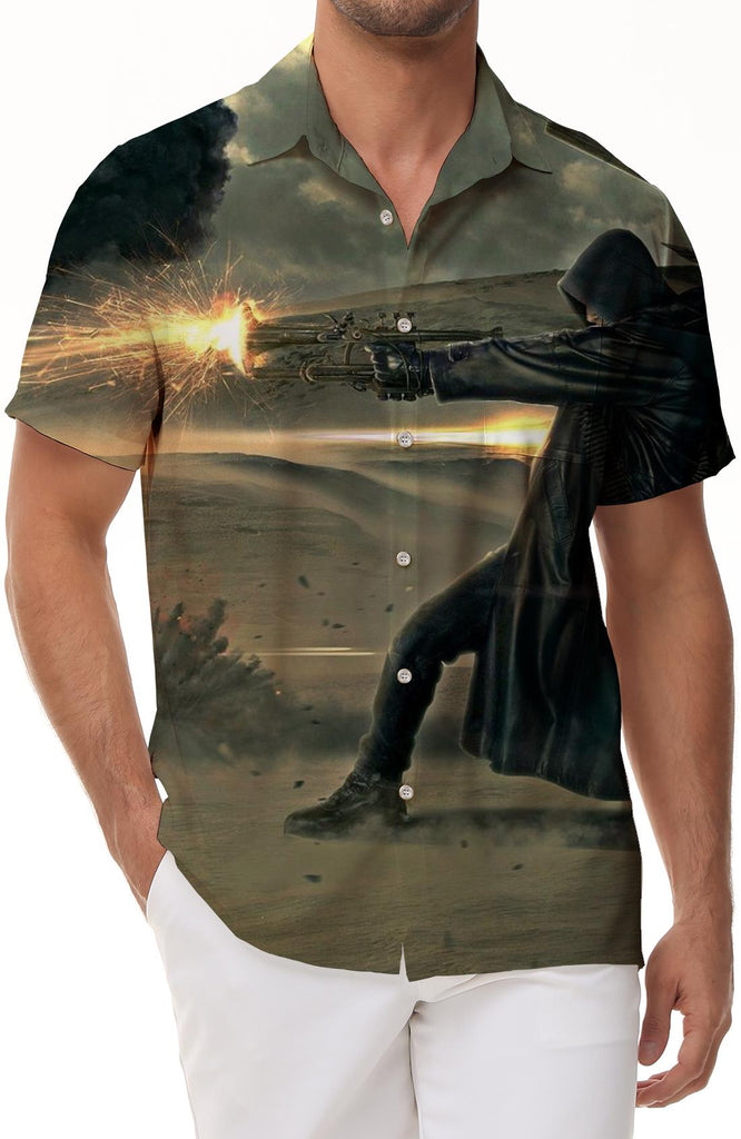 Fierce Battle Printed Casual Men's Button Short Sleeve Hawaiian Shirt Beach Top Sharpshooter