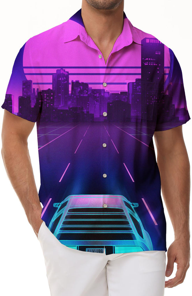 Cool Sports Car Hawaiian Tropical Men's Casual Button Short Sleeve Shirt Printed Summer Shirt Purple