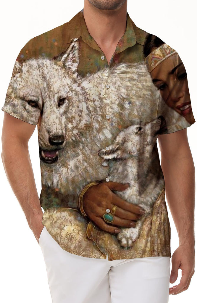 Desert SunsetMoon Wolf Men's Button Shirt Short Sleeve Lapel Shirt Summer Loose Sports Top