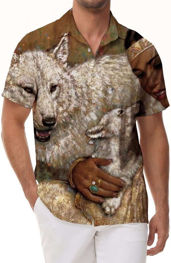 Desert SunsetMoon Wolf Men's Button Shirt Short Sleeve Lapel Shirt Summer Loose Sports Top