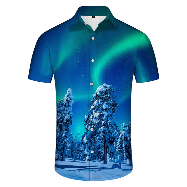 
Snow Tree Night Northern Lights Men's Shirt Hawaiian Short Sleeve Shirt Fashion Summer Beach Button
                
