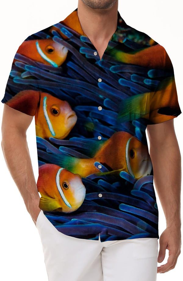 Men's Hawaiian shirt fashion button-down beach shirt short-sleeved summer casual shirt loose fit underwater world tropical fish